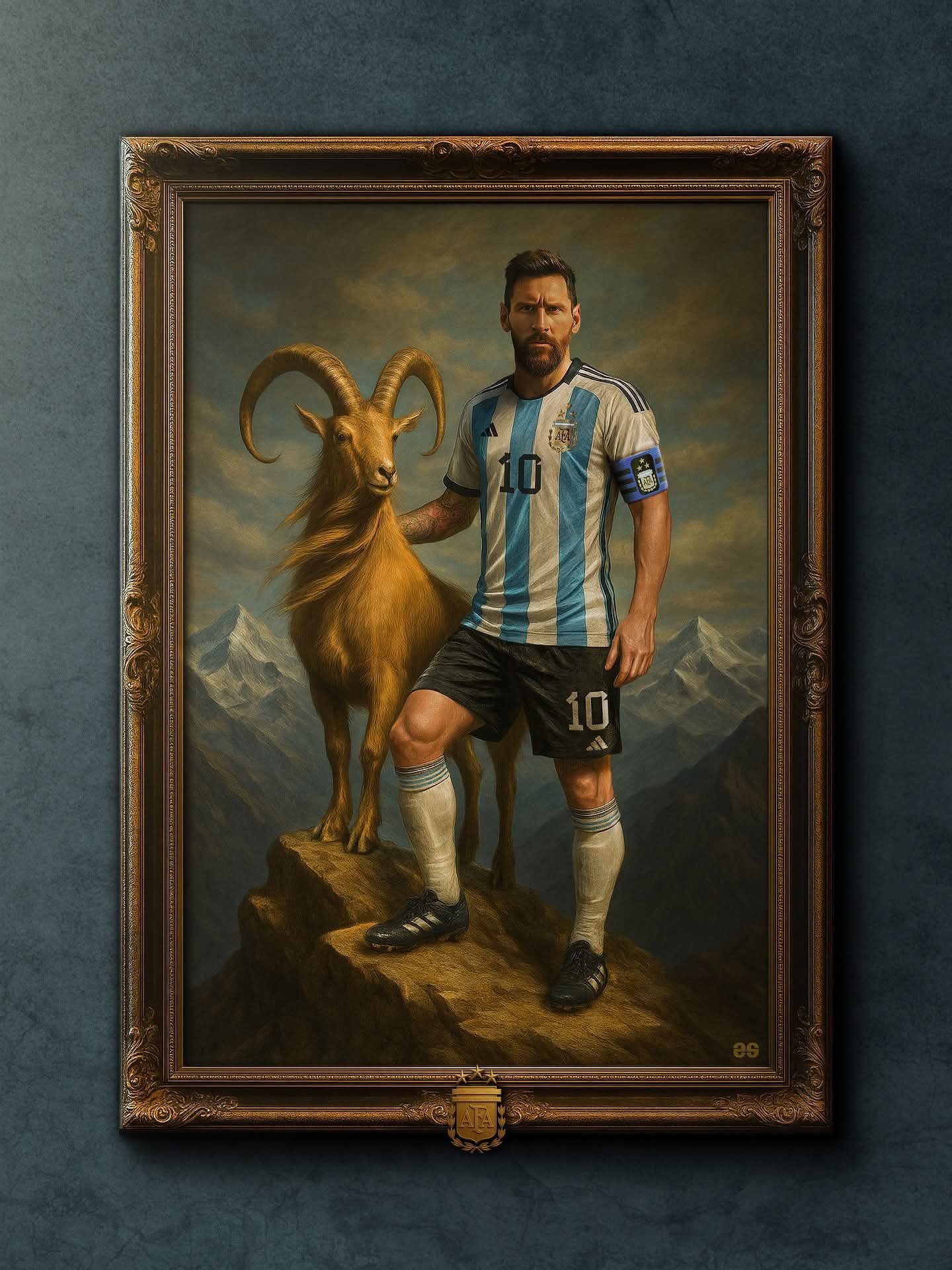리오넬 메시의 초상화. 함께 그려진 염소는 축구계 ‘GOAT(역대 최고 선수)’를 상징한다. 사진출처｜아르헨티나축구협회 페이스북