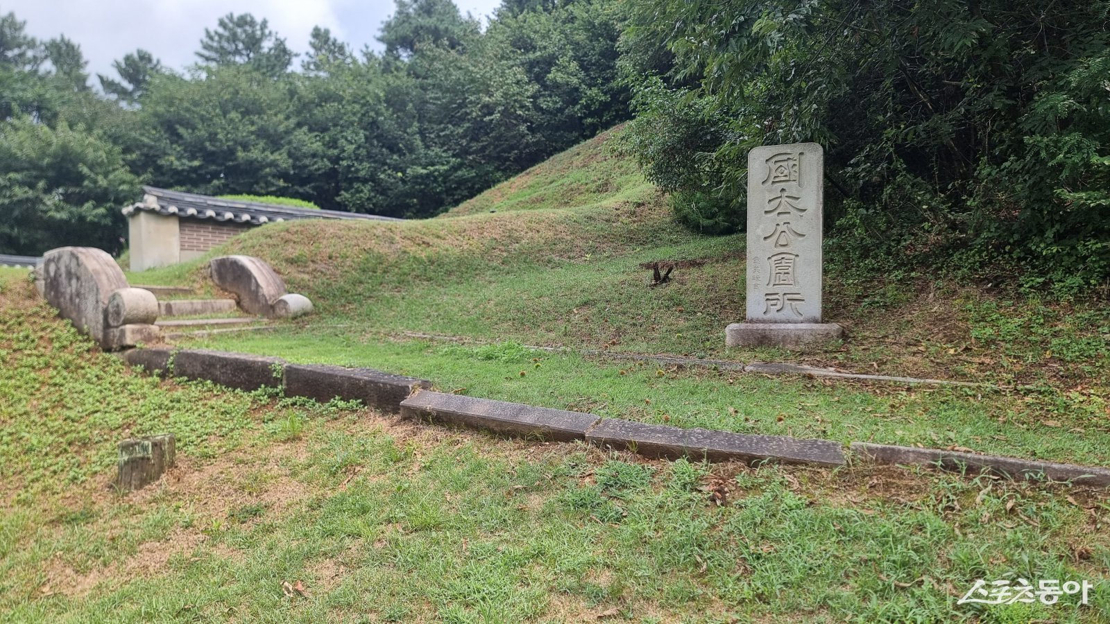 흥선대원군 묘지로 들어가는 축댓돌(석축 쌓는데 쓰는 사각뿔 모양의 석재)이 옆으로 내려앉자 있는 모습. 사진ㅣ고성철 기자