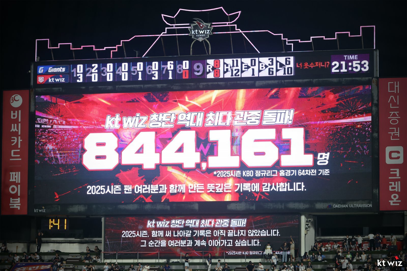 KT가 3일 수원KT위즈파크에서 열린 롯데와 홈경기에서 구단 역대 단일 시즌 최다관중 신기록을 수립했다. 사진제공|KT 위즈