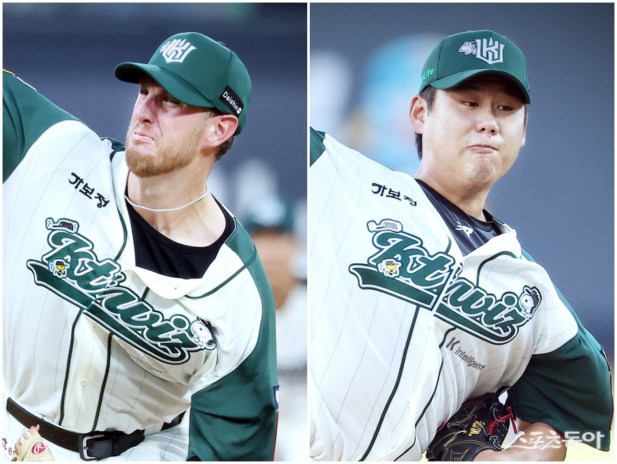 순위 싸움에 중요한 일정들을 앞둔 KT가 선발진에 생긴 변수를 이겨낼 수 있을지 주목된다. 4일 수원 LG전에선 무릎 불편 증세로 등판을 한 차례 건너뛴 패트릭 머피(왼쪽)의 대체 선발로 나선 문용익마저 오른손 중지 불편 증세로 투구 도중 교체됐다. 사진제공|KT 위즈
