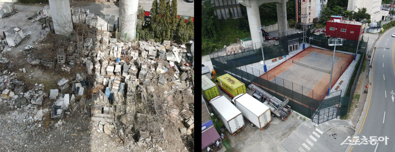 용인특례시 기흥구가 신갈동 537-85번지 고가도로 하부를 시민편의시설로 조성한 모습(조성 전(왼쪽)과 조성 후(오른쪽)). 사진제공｜용인시