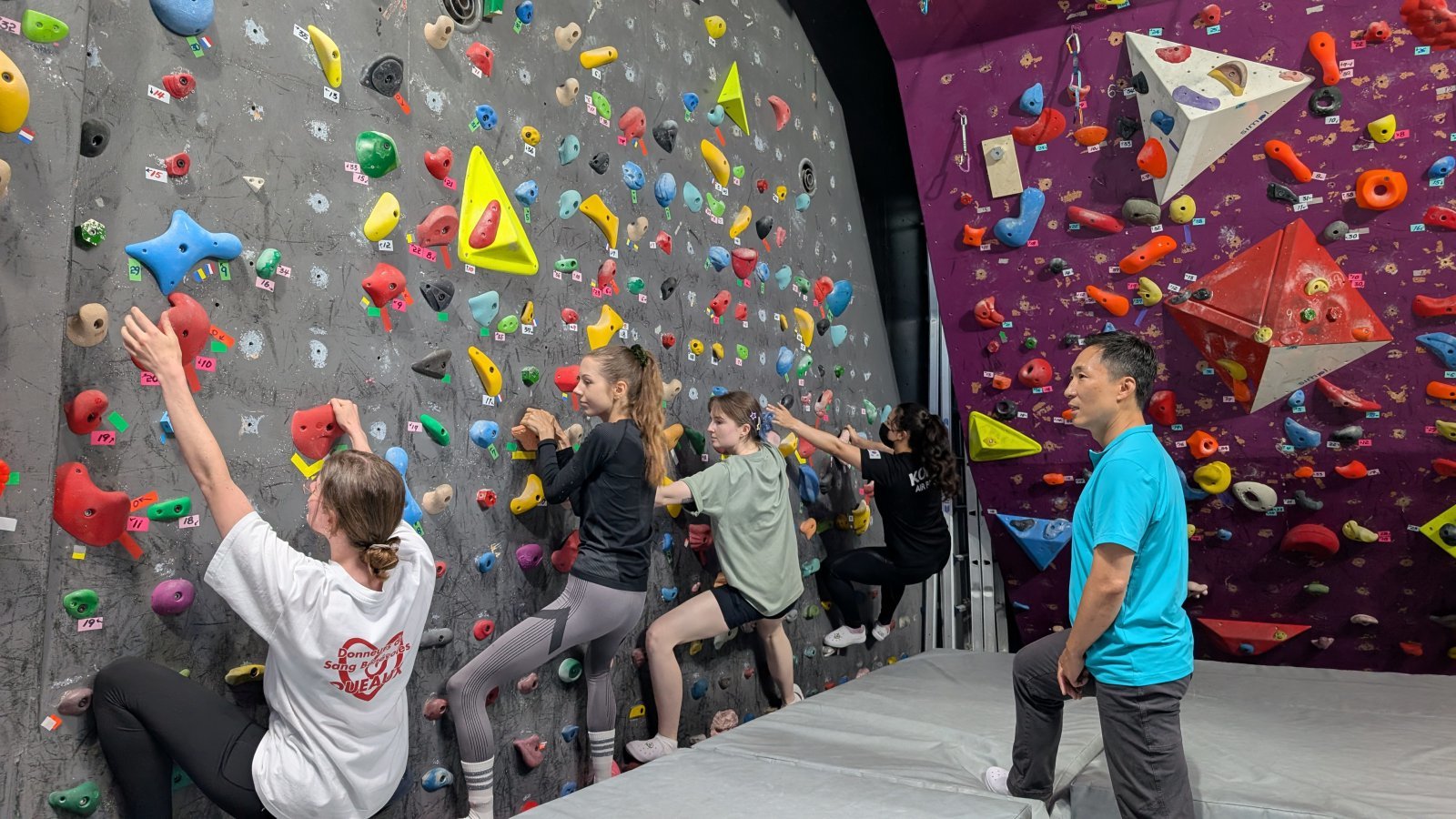 외국인 참가자들이 BAC 실내 스포츠 클라이밍 센터와의 협업 프로그램을 즐기고 있다