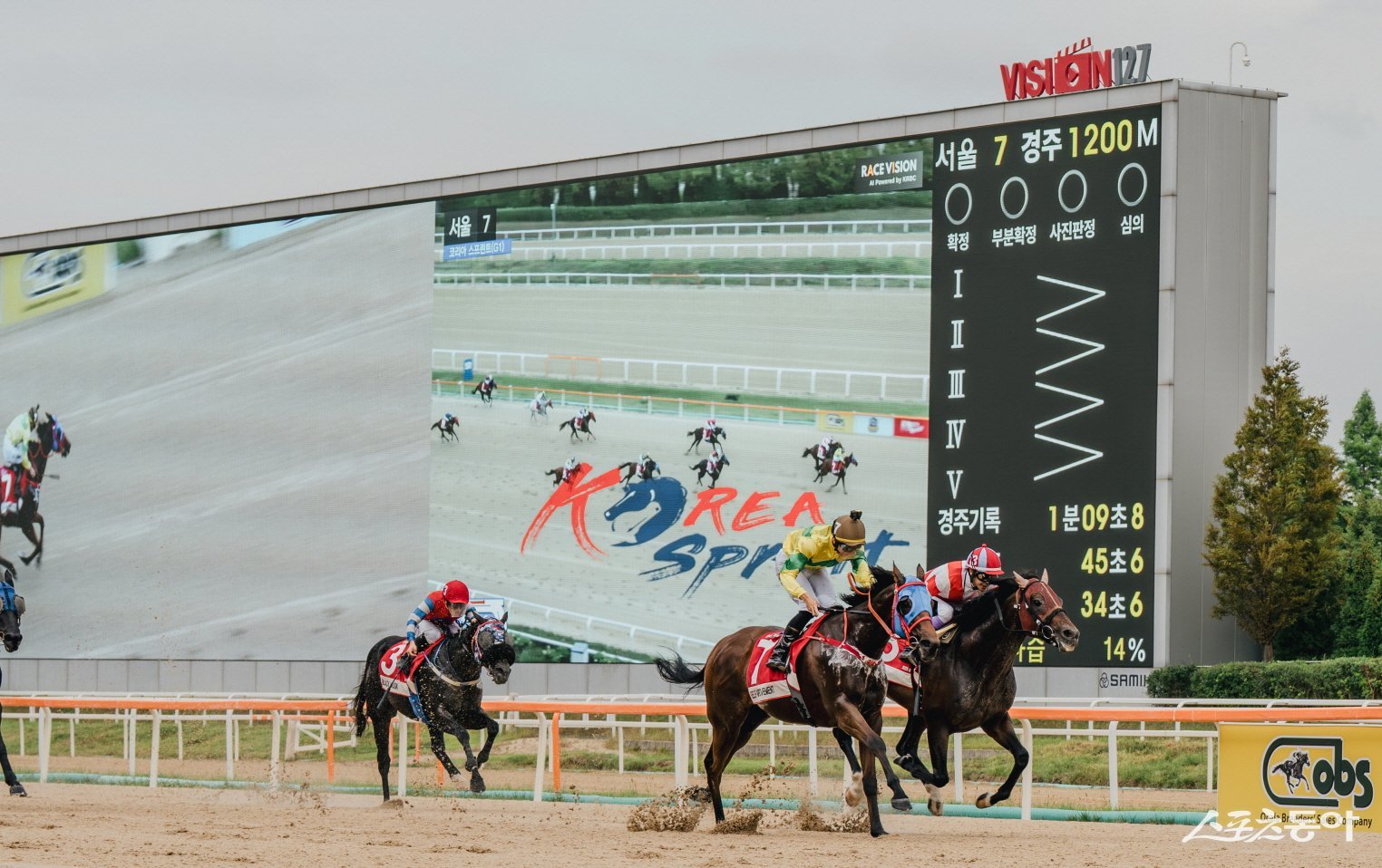 홍콩의 ‘셀프임프루브먼트’와 차우 기수(오른쪽 2번째)가 코리아스프린트에서 역주하고 있다. 셀프임프루브먼트는 일본의 ‘치카파’를 간발의 차로 따돌리고 우승을 차지했다. 사진제공 | 한국마사회
