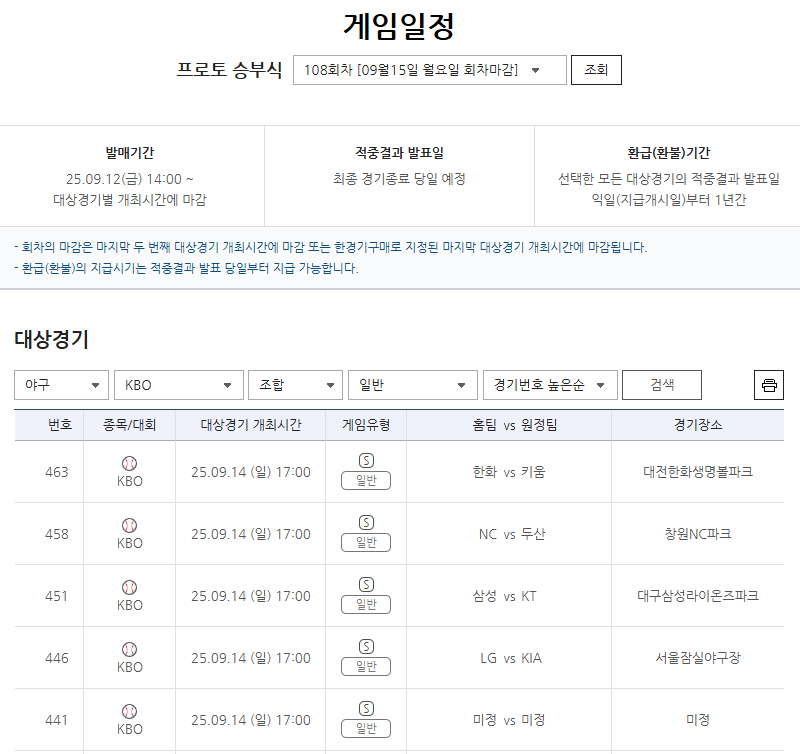 프로토 승부식 108회차, KBO리그 대상 일반 게임 경기 정보.