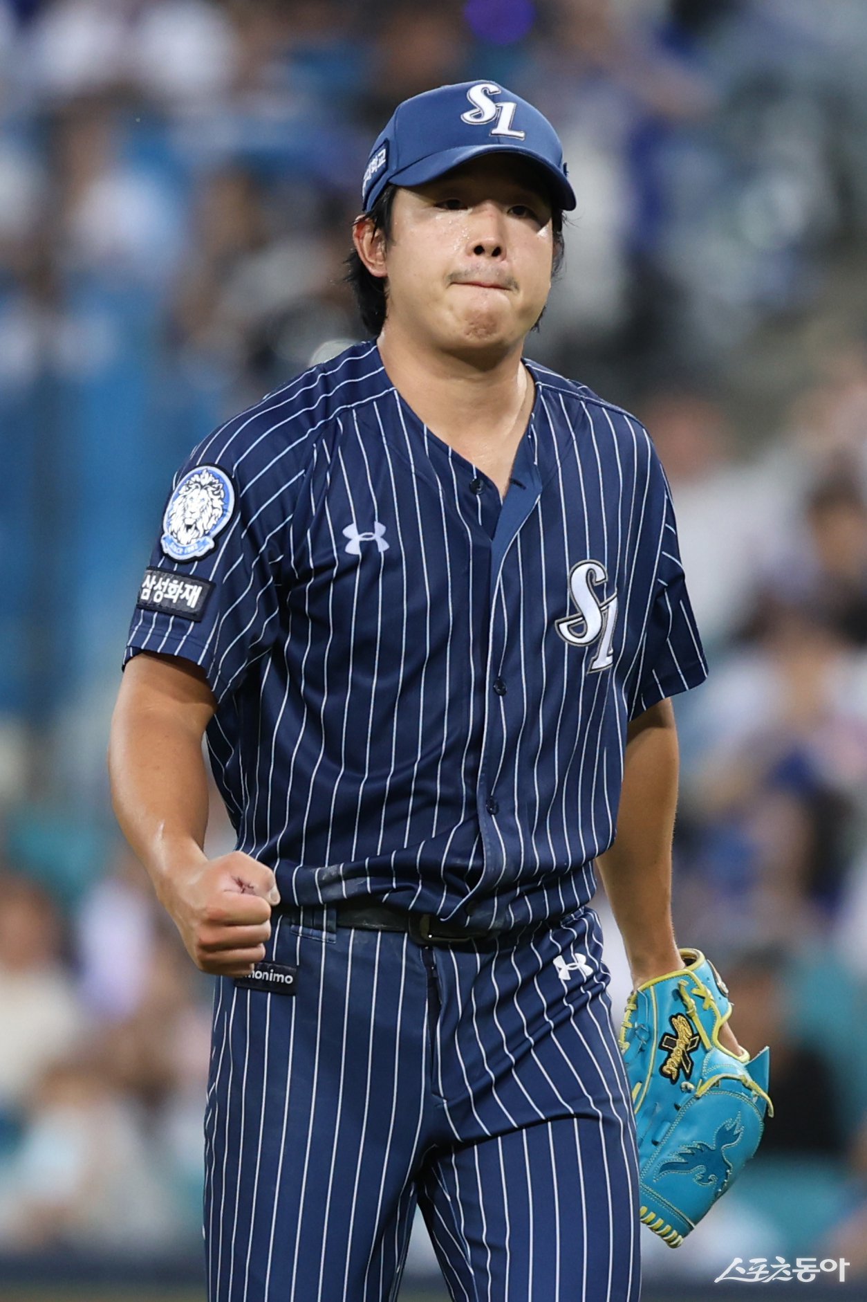 삼성 양창섭이 14일 대구삼성라이온즈파크에서 열린 KT전에 구원등판해 6.2이닝 무실점 역투를 펼친 뒤 주먹을 불끈 쥐고 있다. 사진제공|삼성 라이온즈