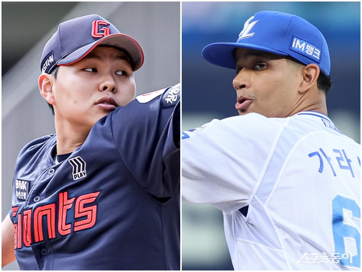 롯데와 삼성이 16일부터 이틀간 대구삼성라이온즈에서 맞대결을 벌인다. 이번 2연전에선 5위 싸움의 향방이 갈릴지 모른다. 16일 선발로 롯데는 박진(왼쪽), 삼성은 헤르손 가라비토를 내세운다. 사진제공|롯데 자이언츠·삼성 라이온즈