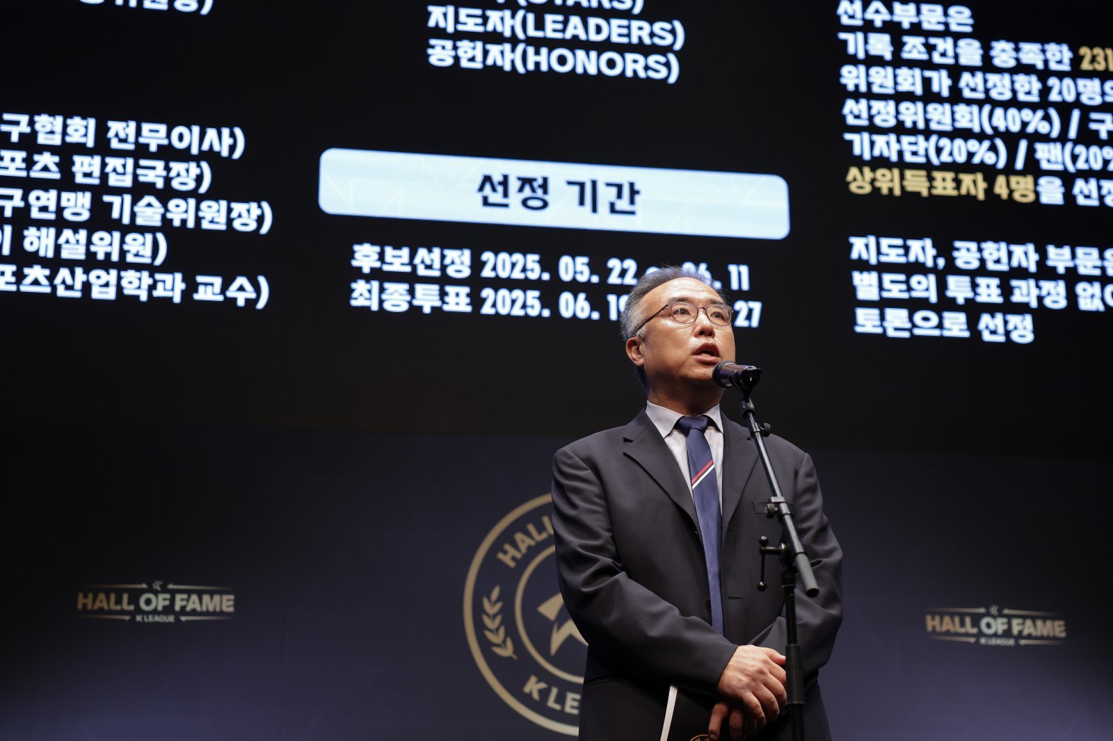 ‘제2회 K리그 명예의전당’ 헌액자 선정위원장인 위원석 KFA 소통위원장이 16일 서울 종로구 아산정책연구원에서 선정 기준을 설명하고 있다. 사진제공|한국프로축구연맹