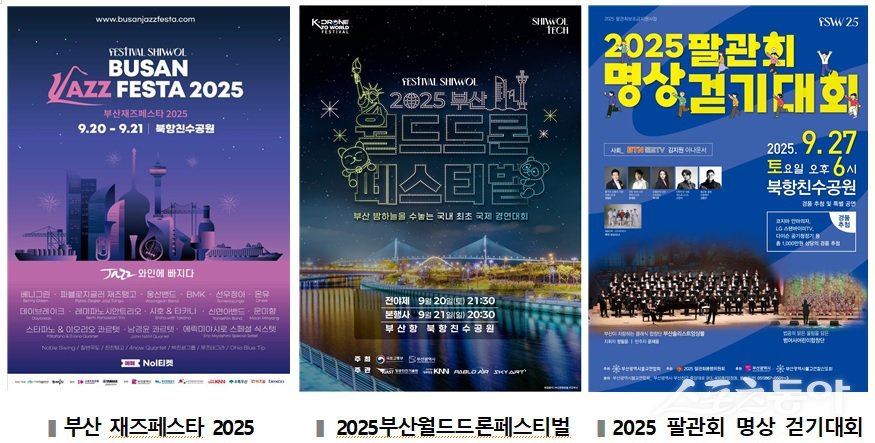 부산 북항친수공원에서 열리는 ‘페스티벌 시월’ 주요 행사인 ‘부산재즈페스타 2025’ ‘부산 월드드론페스티벌’ ‘팔관회 명상 걷기대회’ 포스터. (사진제공=부산시설공단)