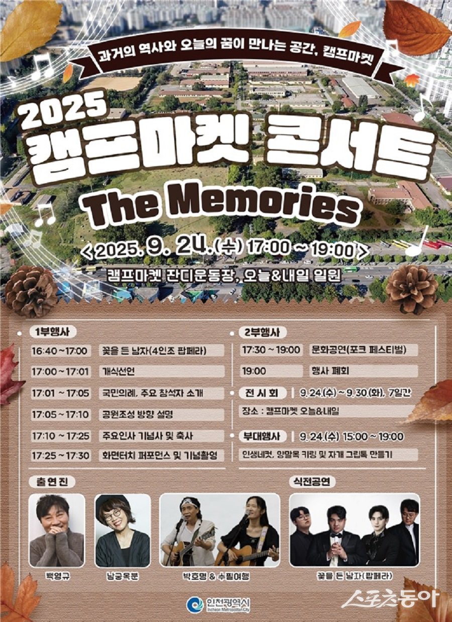 인천광역시(시장 유정복)는 오는 9월 24일 오후 5시, 부평 캠프마켓 개방공간 잔디운동장에서 ‘2025 캠프마켓 콘서트 The Memories’를 개최한다(포스터). 사진제공|인천시
