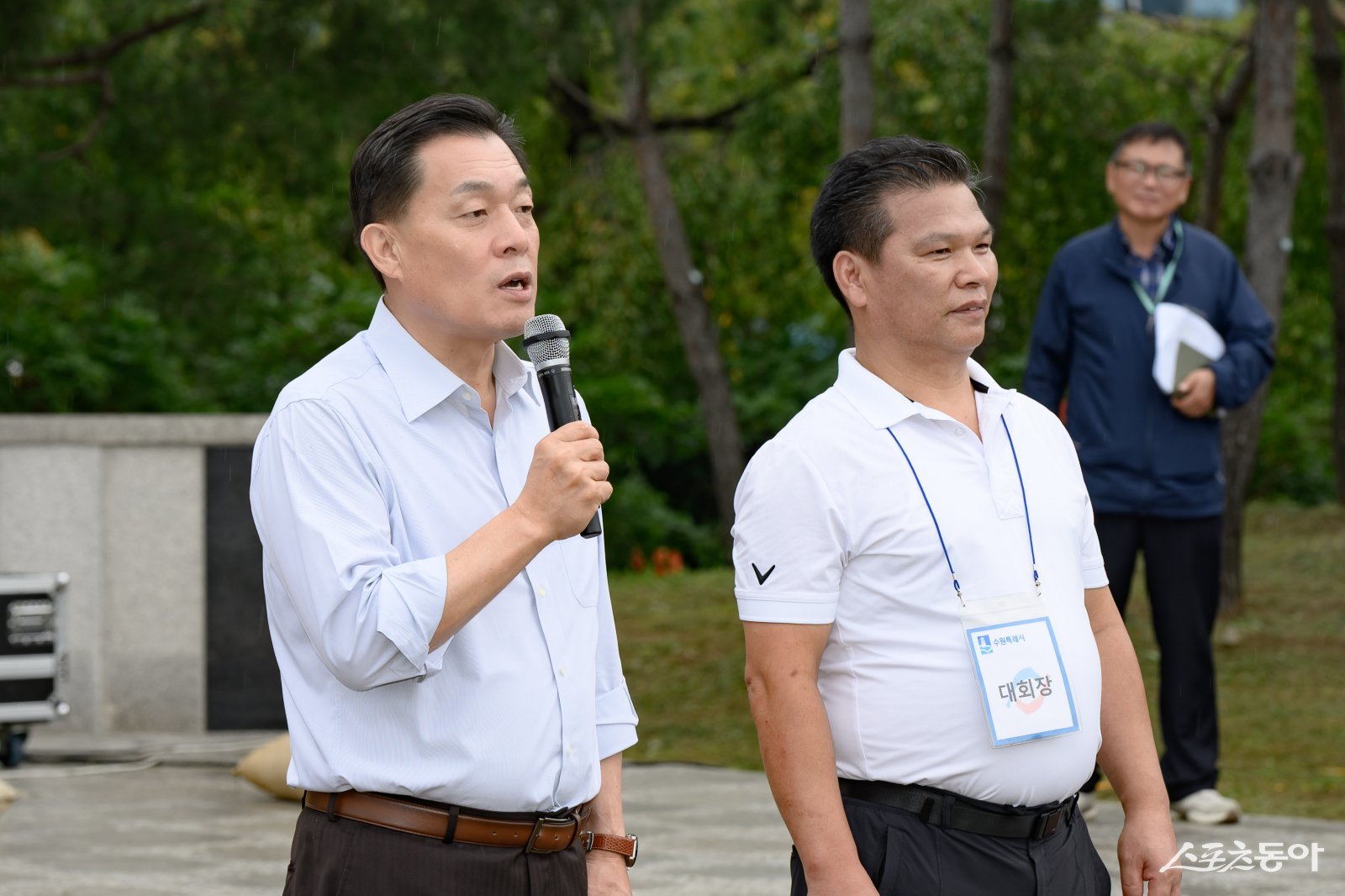 이재준 수원시장이 제28회 수원시 가로 환경관리원 한마음 체육대회에서 인사말을 하고 있다. 사진제공|수원시