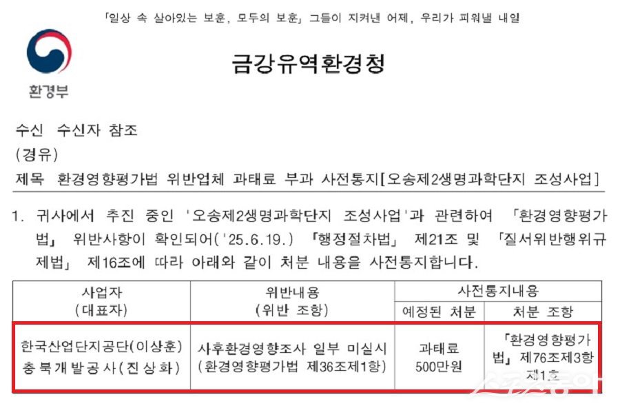 금강유역환경청은 오송 제2생명과학단지 조성사업과 관련해 한국산업단지공단과 충북개발공사가 ‘환경영향평가법’ 제36조 제1항을 위반한 사실을 확인하고 과태료 500만 원 부과를 사전 통지했다. 사진제공｜금강유역환경청