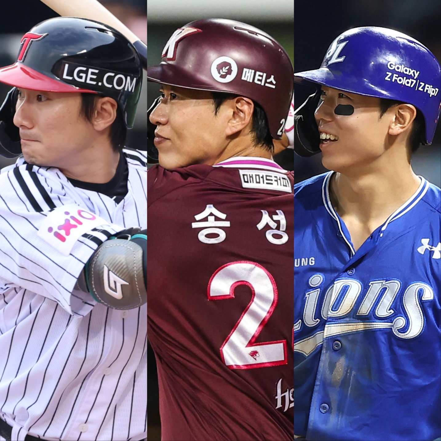 LG 신민재, 키움 송성문, 삼성 김성윤(왼쪽부터)은 시즌 내내 꾸준히 득점권에서 맹타를 휘두르고 있다. 이들의 활약은 타선에 큰 힘이 되어주고 있다. 사진제공｜LG 트윈스, 키움 히어로즈, 삼성 라이온즈