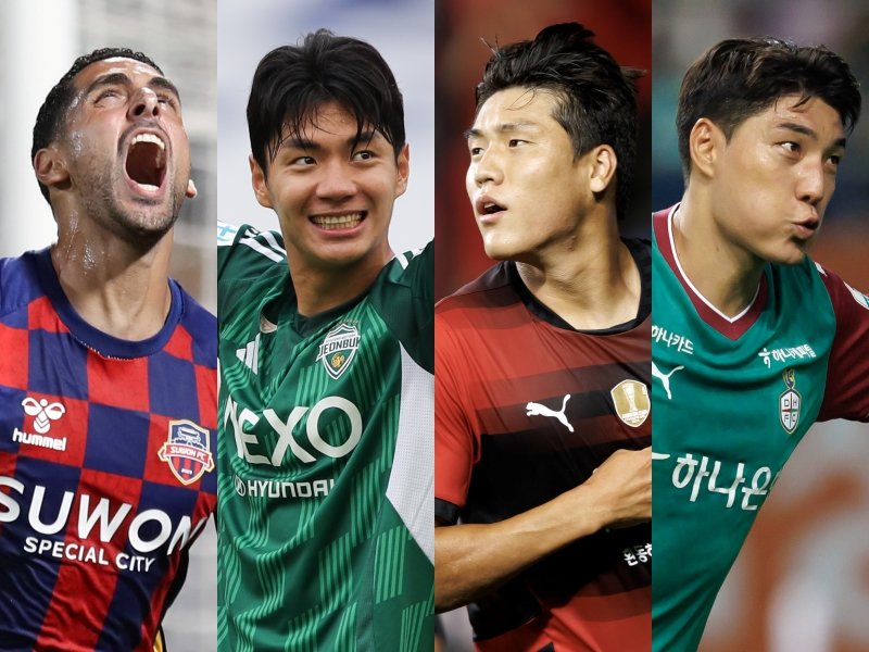 정규리그 31경기를 치른 가운데, K리그1 득점 순위는 수원FC 싸박, 전북 전진우, 포항 이호재, 대전하나 주민규(왼쪽부터)의 순으로 많다. 리그 2경기와 파이널 라운드 5경기에서 충분히 요동칠 수 있다. 사진제공｜한국프로축구연맹