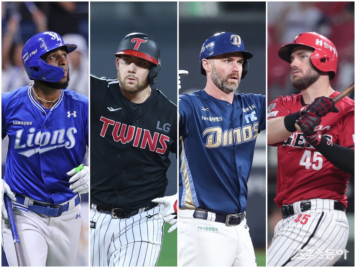 1루수 경쟁 구도가 외국인 선수들의 전쟁터로 변했다. 국내 1루수의 계보를 누가 이을지 궁금하다. 삼성 르윈 디아즈, LG 오스틴 딘, NC 맷 데이비슨, KIA 패트릭 위즈덤(왼쪽부터). 사진제공|삼성 라이온즈·LG 트윈스·NC 다이노스·KIA 타이거즈