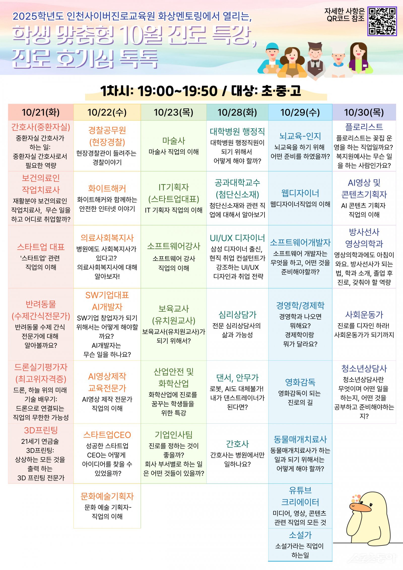 인천광역시교육청(교육감 도성훈)은 10월 21일부터 30일까지 매주 화·수·목요일, 인천사이버진로교육원 온라인 화상 시스템에서 ‘학생 맞춤형 10월 진로특강, 진로 호기심 톡톡’을 운영한다(홍보물). 사진제공|인천시교육청