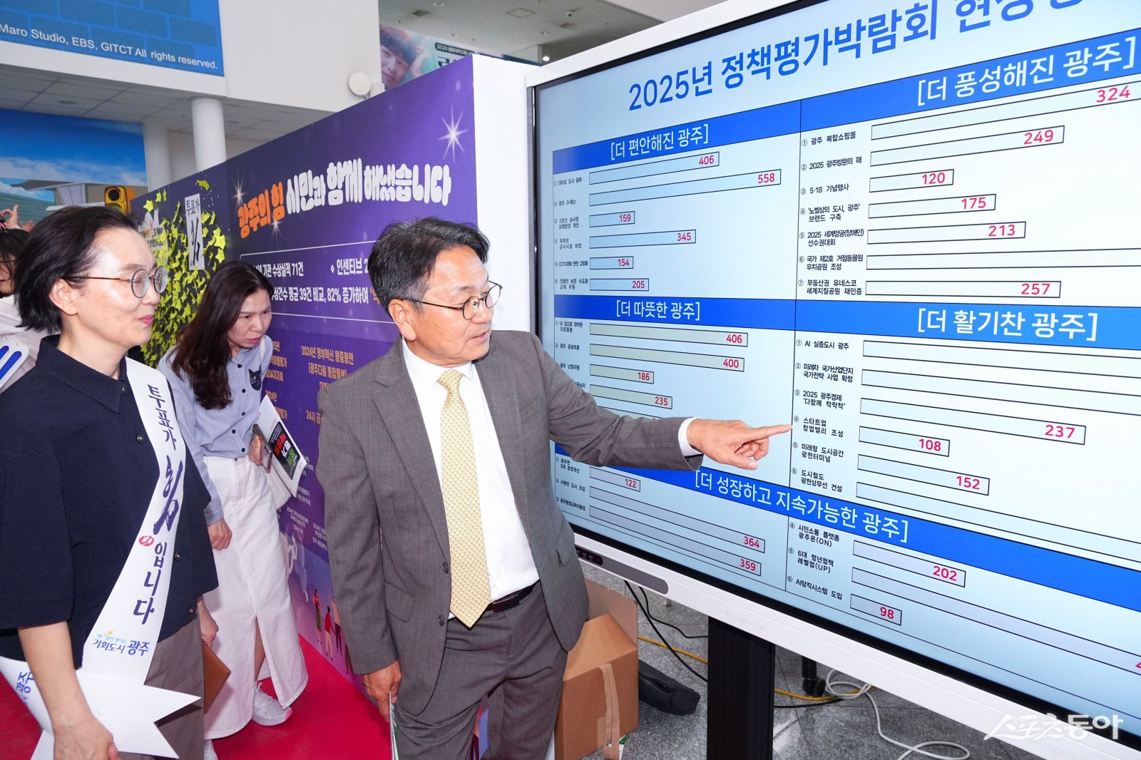 강기정 광주광역시장이 ‘제 60회 광주시민의 날’을 맞아 지난 5월25일 시청 1층 시민홀에서 열린 ‘정책평가박람회’에서 우수정책 선정을 위한 현장투표에 참여하고 있다. 사진제공=광주광역시