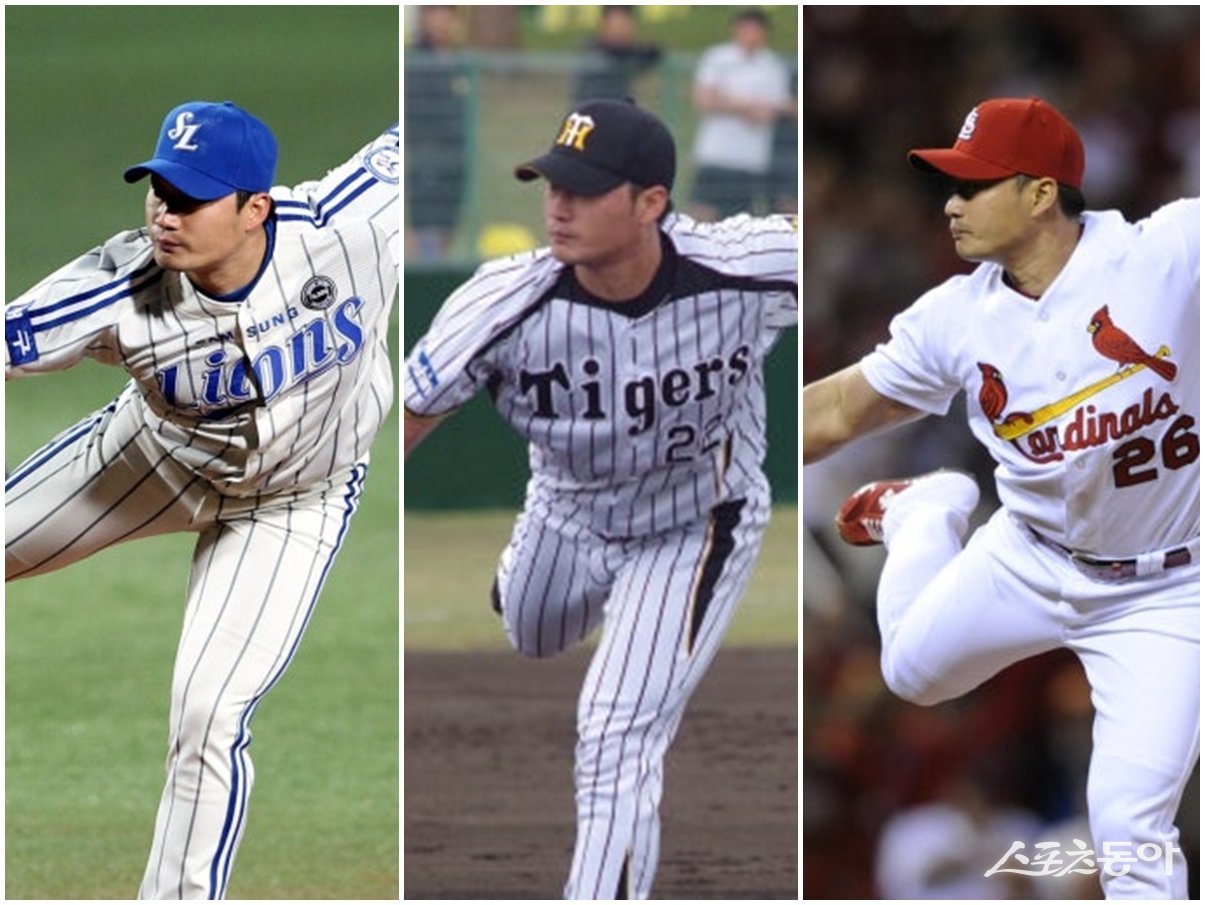 한국야구의 전설적인 마무리 오승환은 삼성에서 일명 ‘돌직구’로 KBO리그를 평정한 뒤, 일본과 미국에서도 마무리로 활약했다. 삼성, 한신, 세인트루이스 시절의 오승환(왼쪽부터). 스포츠동아DB·LG 트윈스·AP뉴시스