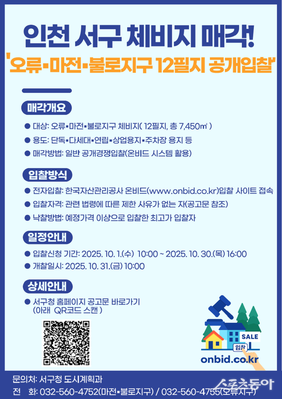 인천 서구, 오류·마전·불로지구 체비지 12필지 공개 매각 포스터. 사진제공|인천 서구청