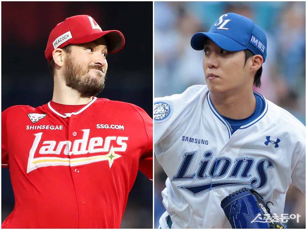 SSG 드류 앤더슨(왼쪽)과 삼성 원태인이 13일 대구삼성라이온즈파크에서 열릴 준PO 3차전에 선발등판한다. 사진제공|SSG 랜더스·삼성 라이온즈