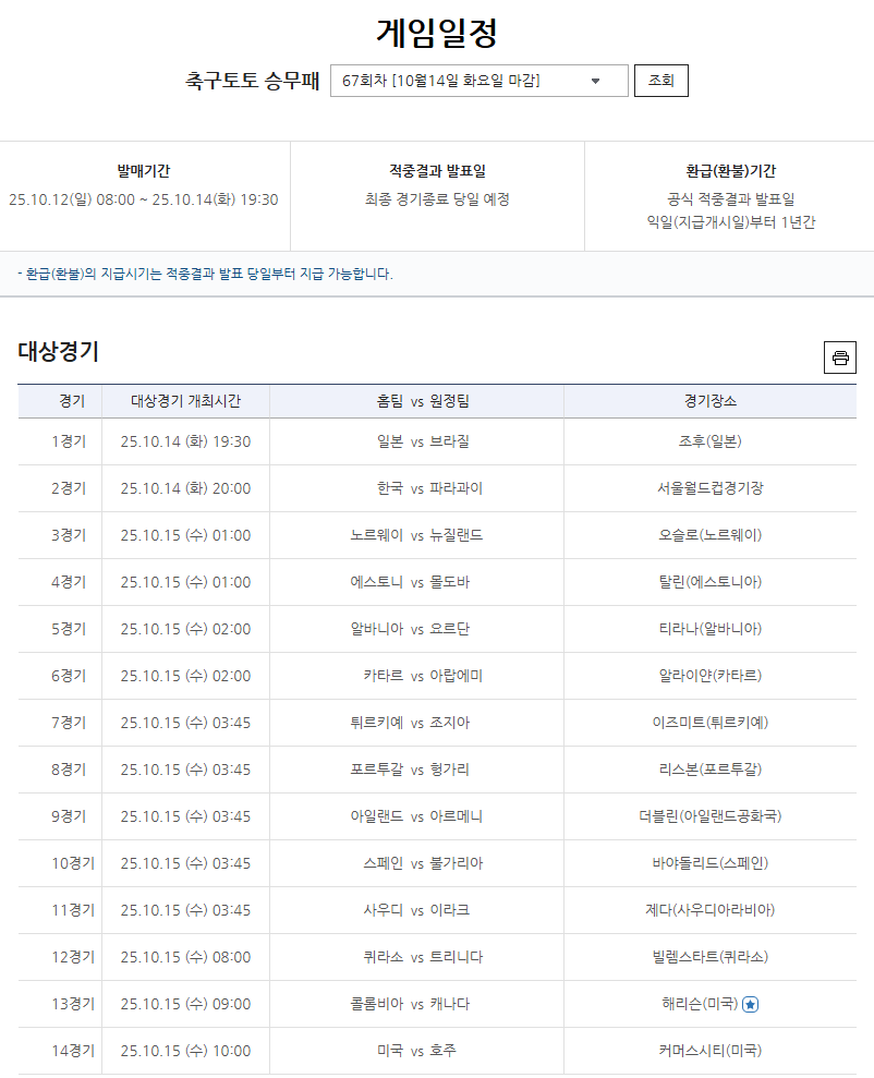 축구토토 승무패 67회차 대상경기.