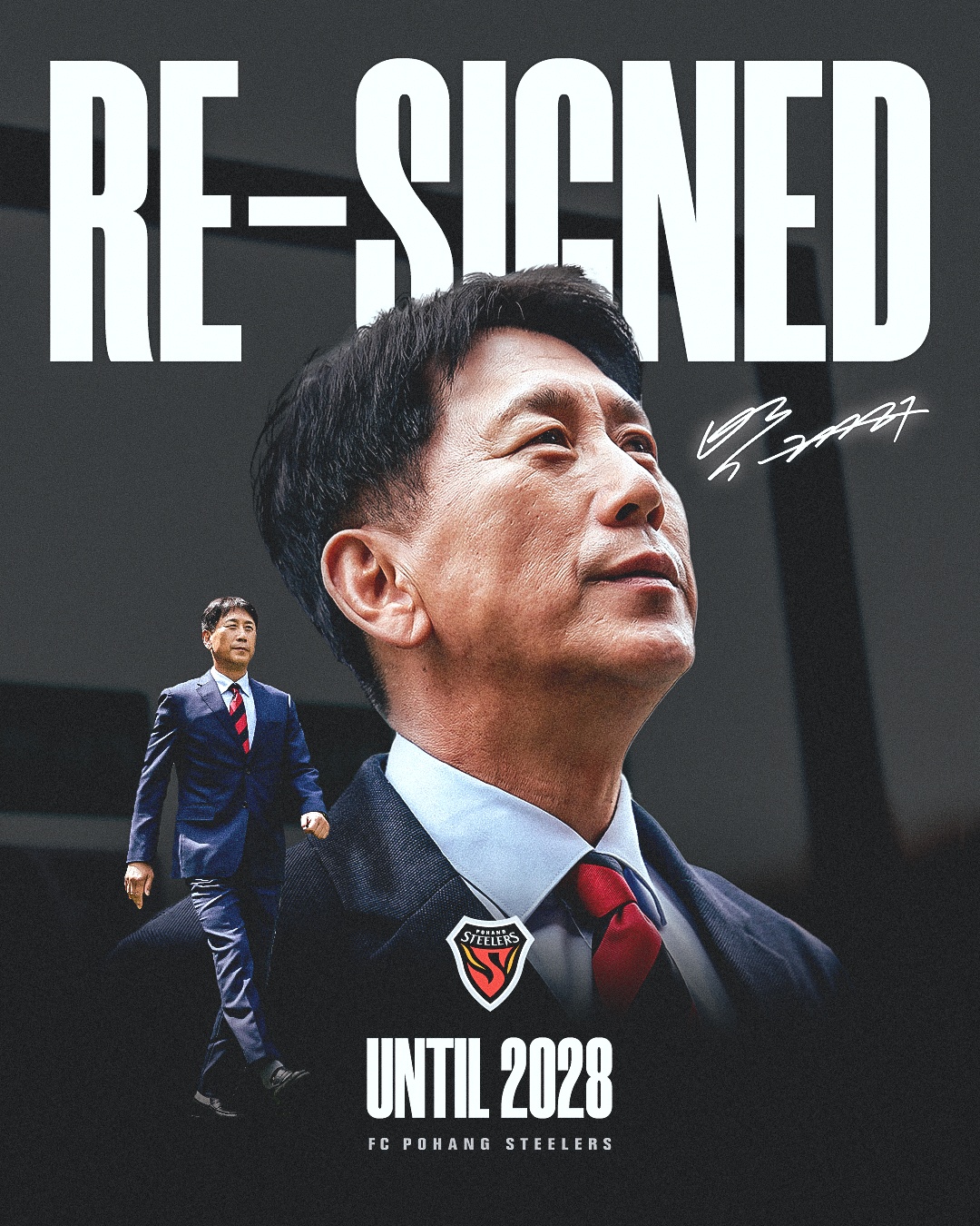 포항 스틸러스는 14일 박태하 감독과 2028년까지 3년 재계약을 체결했다. 현역 시절 1991년부터 2001년까지 포항에서만 활약한 원클럽맨인 박 감독은 지난해부터 포항을 이끌고 2년 연속 K리그1 파이널A 진입에 성공했다. 사진제공│포항 스틸러스