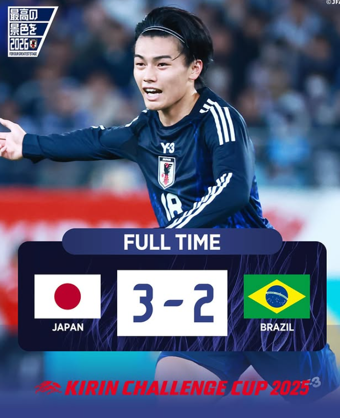 일본축구대표팀은 14일 도쿄 아지노모토 스타디움에서 벌어진 브라질과 평가전에서 3-2 역전승을 거뒀다. 경기 전까지 상대전적 2무11패로 열세였던 일본은 13전14기 끝에 브라질을 잡는데 성공했다. 사진출처│일본축구협회 인스타그램