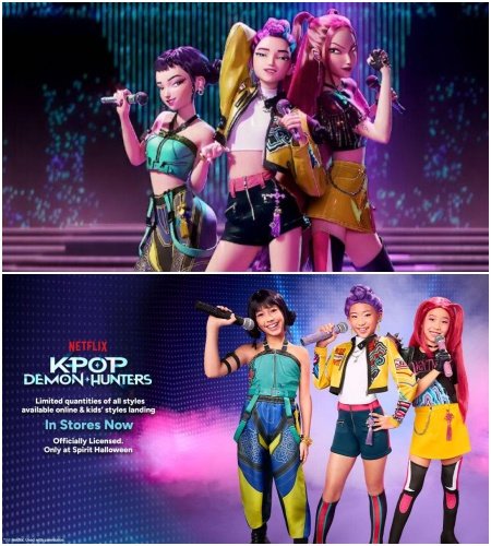 넷플릭스 ‘케이팝 데몬 헌터스’ 스틸(위), 넷플릭스가 ‘스피릿 핼러윈’과 협업해 내놓은 공식 코스튬(아래), 사진제공｜넷플릭스