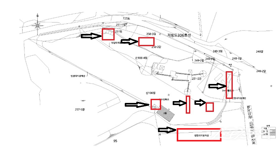 경기도 안성시 원곡면 산하리에서 고형연료 성토재 사업을 운영 중인 D업체가 각종 불법 의혹에 휘말렸다(건축물 현황도). 사진제공|공익 제보자