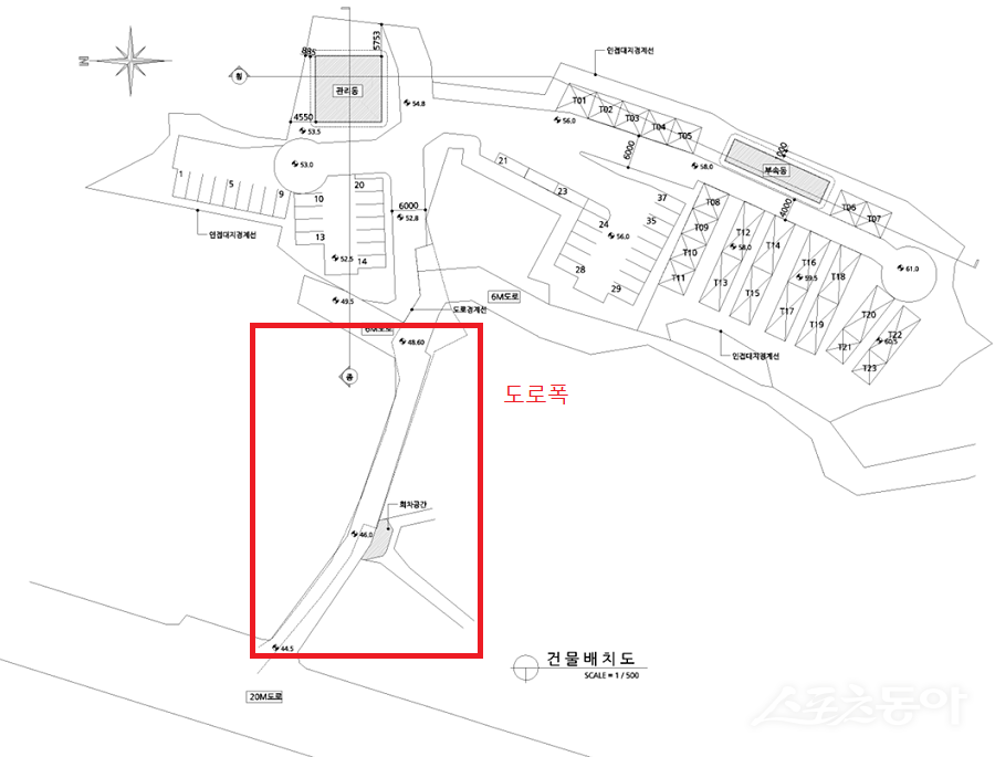 경기도 안양시 동안구 비산동 14-1번지 외 8개 필지에서 운영 중인 한 야영장이 개발제한구역 내 부적정 허가 의혹에 휩싸였다(건축물 현황도). 사진제공|안양시