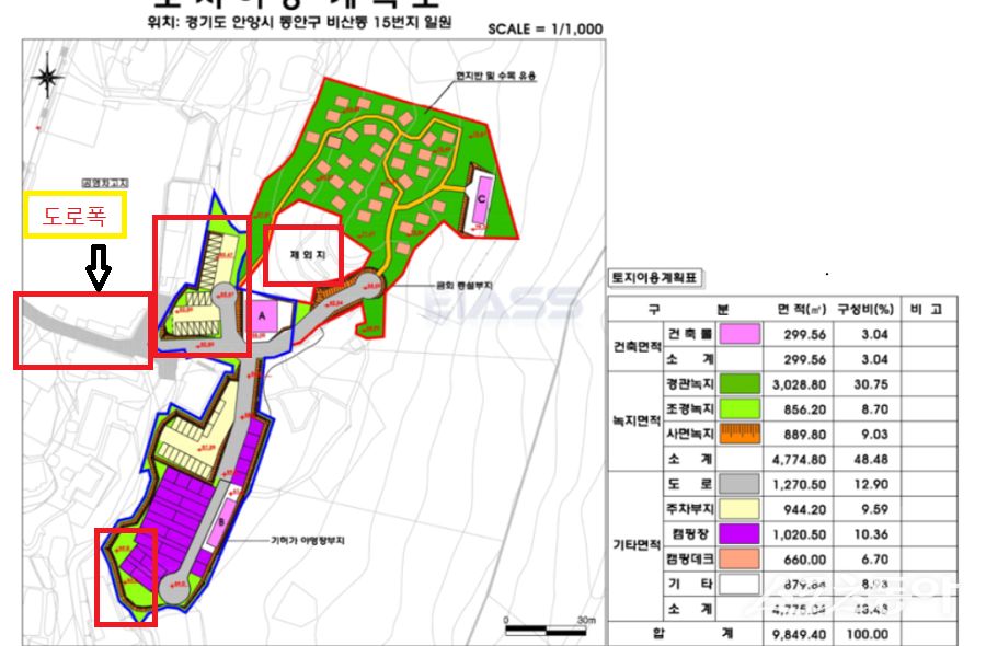 경기도 안양시 동안구 비산동 14-1번지 외 8개 필지에서 운영 중인 한 야영장이 개발제한구역 내 부적정 허가 의혹에 휩싸였다(환경평가 도면). 사진제공|공익 제보자