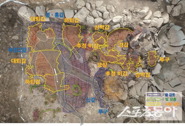 경주 황남동 고분군 신라 장수 추정 인골과 금동관 일부 출토 현황도. 사진제공 ㅣ 경주시