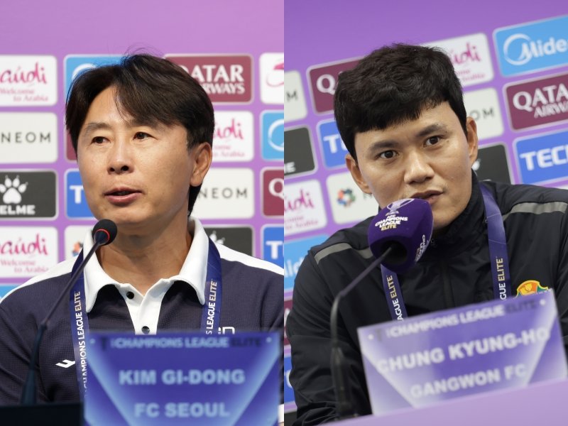 2026~2027시즌 ACLE 진출권 획득을 노리는 K리그1 5위 서울(11승12무10패·승점 45)과 6위 강원(11승11무11패·승점 44)은 당장 2025~2026시즌 ACLE 일정과 후반기 리그를 병행해야 하는 부담을 안고 있다. 서울 김기동 감독(왼쪽)과 강원 정경호 감독. 사진제공｜한국프로축구연맹