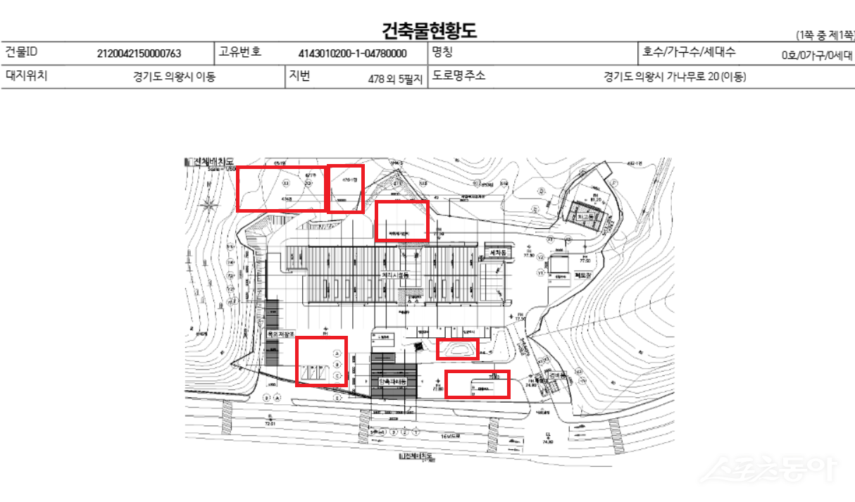 경기도 의왕시 이동 478번지 일대, 의왕시 소유의 폐기물처리장이 소규모 환경영향평가 없이 조성되고 인근 농지와 임야를 훼손했다는 의혹이 제기됐다(건축물 현황도). 사진제공|공익 제보자