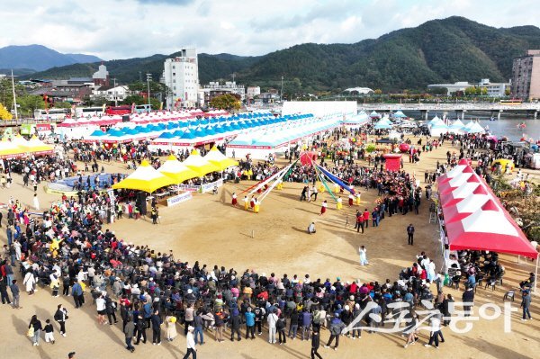 제18회 청송사과축제에서 청송사과 꽃줄엮기 행사가 진행되고 있다. 사진제공 ㅣ 청송군