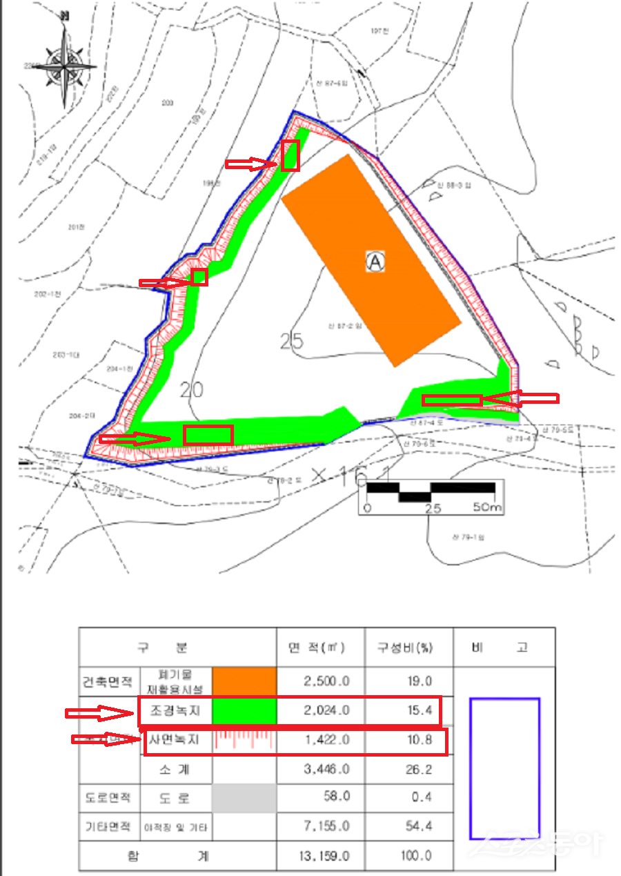 경기도 화성시 팔탄면 노하리 198-1번지에서 폐기물 처리 사업을 운영하는 하이원리싸이클링업체가 불법 운영 의혹을 받고 있다(평가 도면). 사진제공|공익 제보자