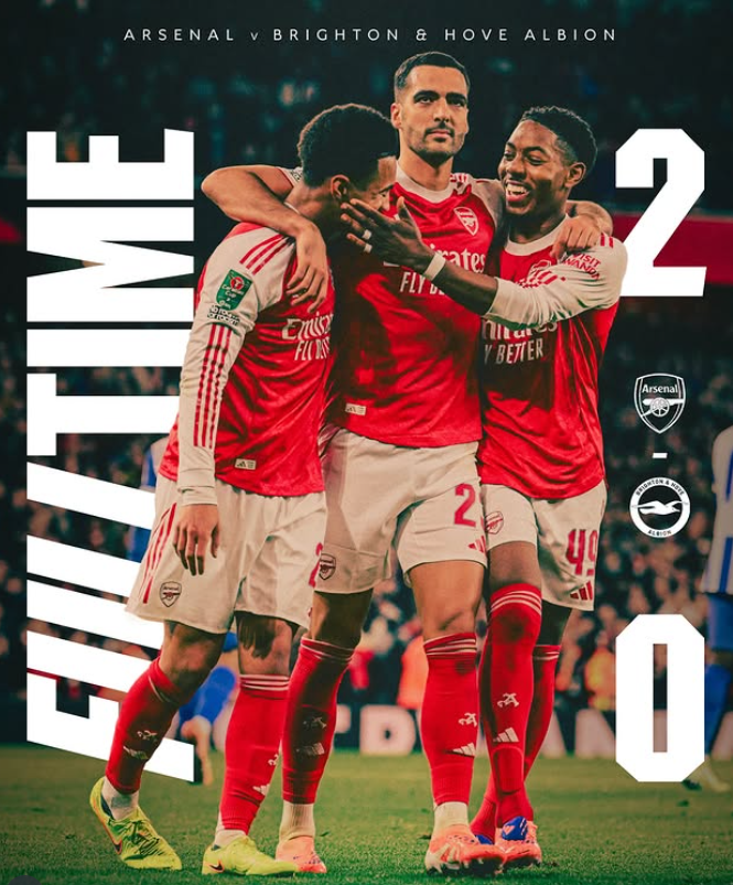 아스널은 30일(한국시간) 영국 런던의 에미레이츠 스타디움에서 벌어진 브라이턴과 카라바오컵 16강 홈경기에서 2-0 완승을 거뒀다. 대대적 로테이션을 가동하며 영건들에게 기회를 주고도 따낸 승리라 의미를 더했다. 사진출처│아스널 인스타그램