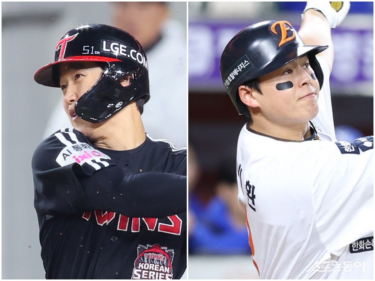 LG 구본혁(왼쪽)과 한화 노시환의 핫코너 대결이 뜨겁다. 양 팀의 수비 강화를 위해선 둘의 역할이 중요하다. 사진제공｜LG 트윈스·한화 이글스