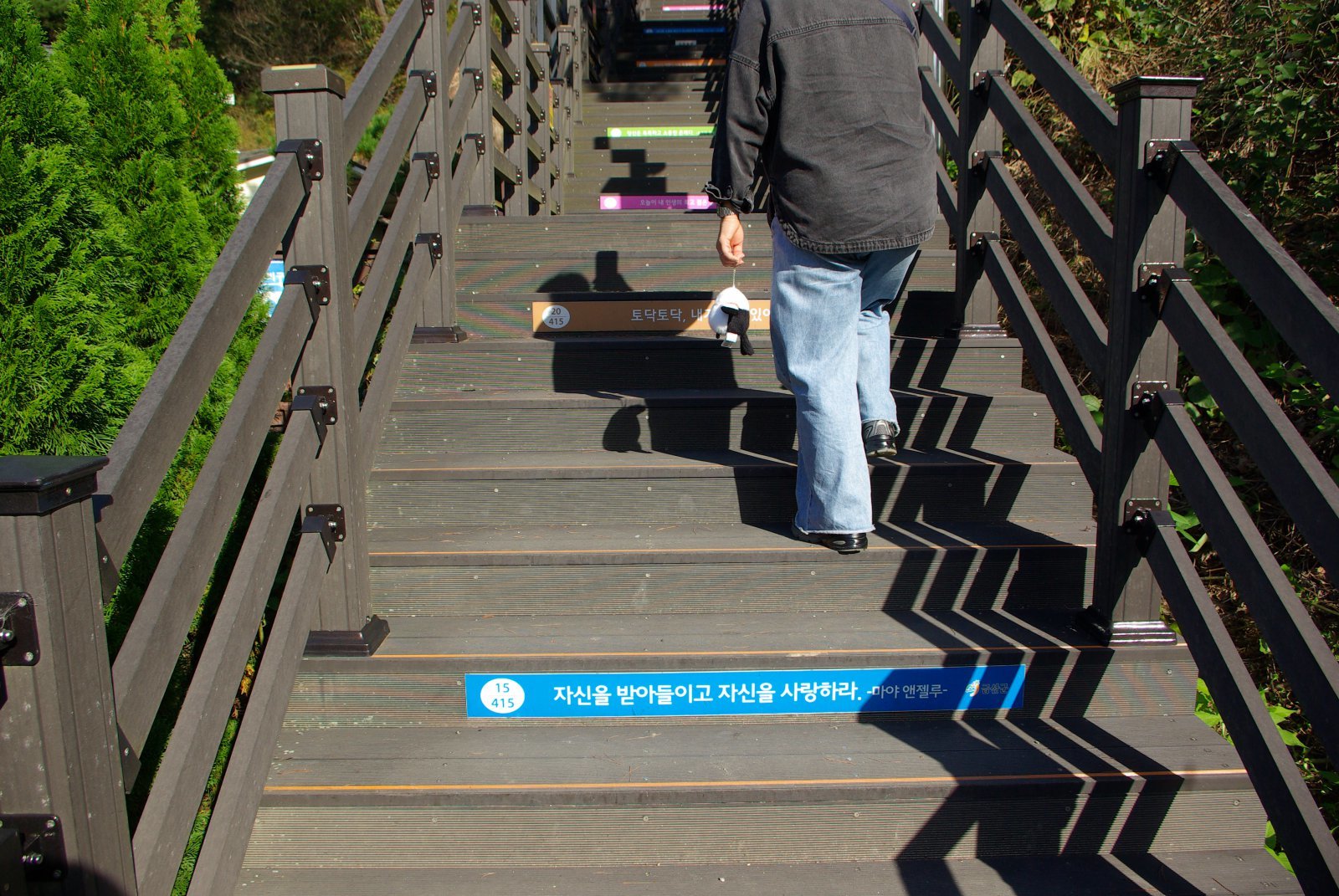  사실 출렁다리를 걷는 것보다 다리까지 올라가는 계단이 훨씬 더 힘들었다. 금산군에서 계단에 ‘좋은 글귀’를 붙여놓아 오르는 동안 피로를 덜 수 있었다. 가끔은 작자불명의 뻔한 소리가 있어 헛웃음이 나오기도 했지만.