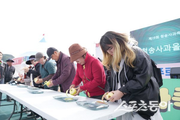 제19회 청송사과축제에서 남여노소가 참어해 사과깍기를 하고 있다. 사진제공 ㅣ 청송군