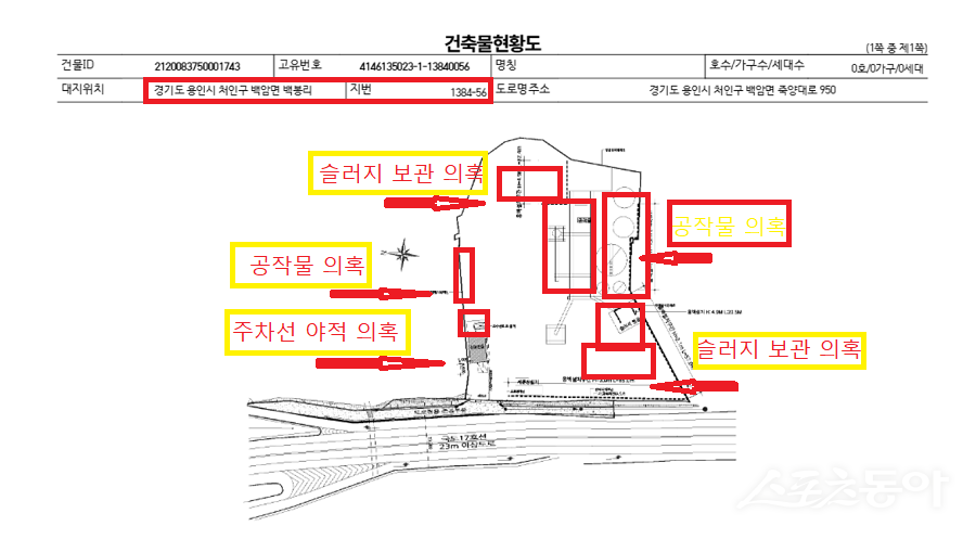 경기도 용인시 처인구 백암면 백봉리 1384-56번지 일대에서 운영 중인 성보산업이 정식 개발행위허가를 받지 않은 채 공장 또는 제조시설로 운영되고 있다는 의혹이 제기됐다(건축물 현황도). 사진제공｜공익 제보자