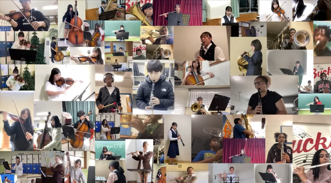 MBS 문산수억고 방송부가 제작한 BTS ‘Dynamite’ - Global Youth Orchestra Cover(100 Students, 4 Countries Unite) 유튜브 영상의 한 장면