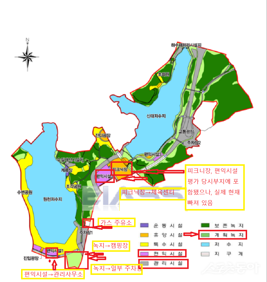 경기도 수원시 영통구 하동 1023번지 일대 광교호수공원 부지에서 환경평가 당시 도면과 실제 사용 시설이 다르다는 의혹이 제기됐다(평가 도면).사진제공|공익 제보자
