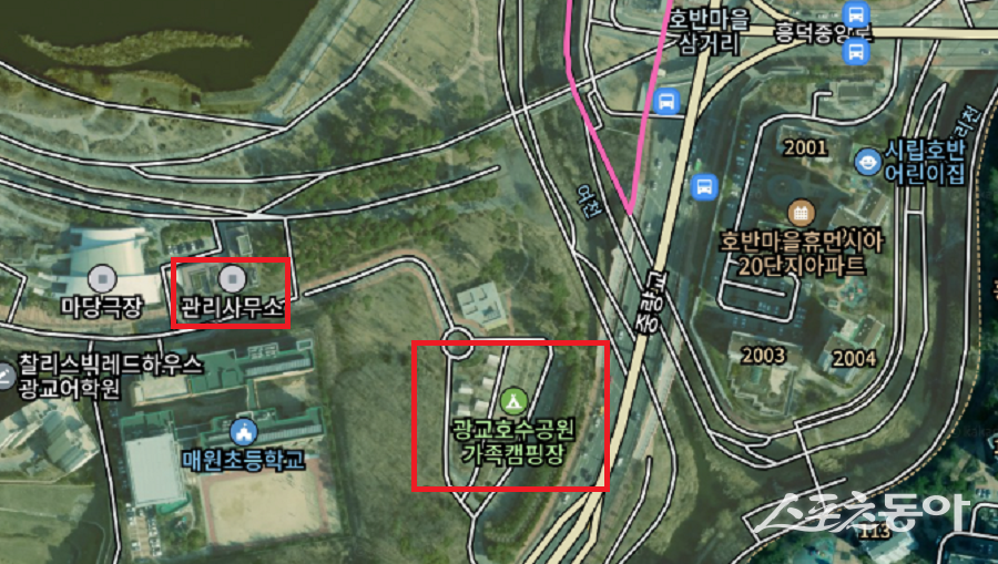 경기도 수원시 영통구 하동 1023번지 일대 광교호수공원 부지에서 환경평가 당시 도면과 실제 사용 시설이 다르다는 의혹이 제기됐다(항측).사진제공|다음 지도