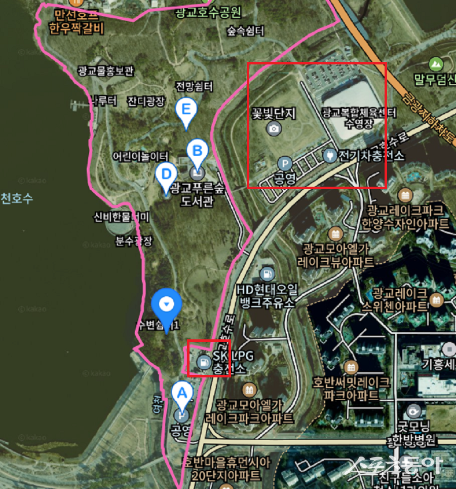 경기도 수원시 영통구 하동 1023번지 일대 광교호수공원 부지에서 환경평가 당시 도면과 실제 사용 시설이 다르다는 의혹이 제기됐다(항측).사진제공|다음 지도