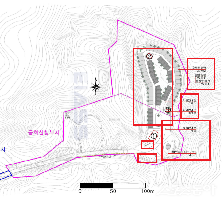 경기도 안성시 죽산면 용설리 534-29번지 일대 ‘죽산 관광휴양시설(안성시 다목적 야영장)’이 환경평가 당시 도면 및 건축물 현황과 달리 실제로는 캠핑시설 규모를 축소하거나 주차시설 위치를 변경했다는 의혹이 제기됐다(평가 도면).사진제공｜공익 제보자
