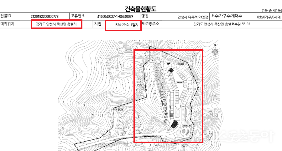 경기도 안성시 죽산면 용설리 534-29번지 일대 ‘죽산 관광휴양시설(안성시 다목적 야영장)’이 환경평가 당시 도면 및 건축물 현황과 달리 실제로는 캠핑시설 규모를 축소하거나 주차시설 위치를 변경했다는 의혹이 제기됐다(건축물 현황도).사진제공｜공익 제보자