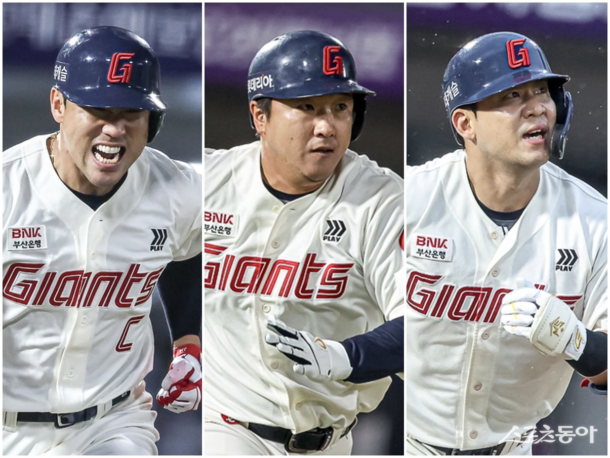 주축 선수가 대부분 저연차로 구성된 롯데가 베테랑 전준우, 정훈, 김민성(왼쪽부터)을 앞세워 체질 개선의 기반을 마련할지 주목된다. 사진제공|롯데 자이언츠