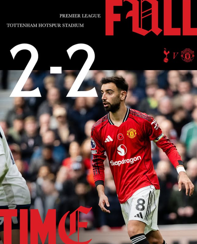 맨유는 8일(한국시간) 영국 토트넘 홋스퍼 스타디움에서 열린 토트넘과 EPL 원정경기에서 2-2로 비겼다. 음뵈모가 선제골을 넣고도 후반 막판 잇따른 실점으로 패색이 짙었지만 더 리흐트의 극장 동점골로 소중한 승점 1을 따냈다. 사진은 더 리흐트의 동점골을 어시스트한 주장 페르난데스. 사진출처│맨체스터 유나이티드 인스타그램