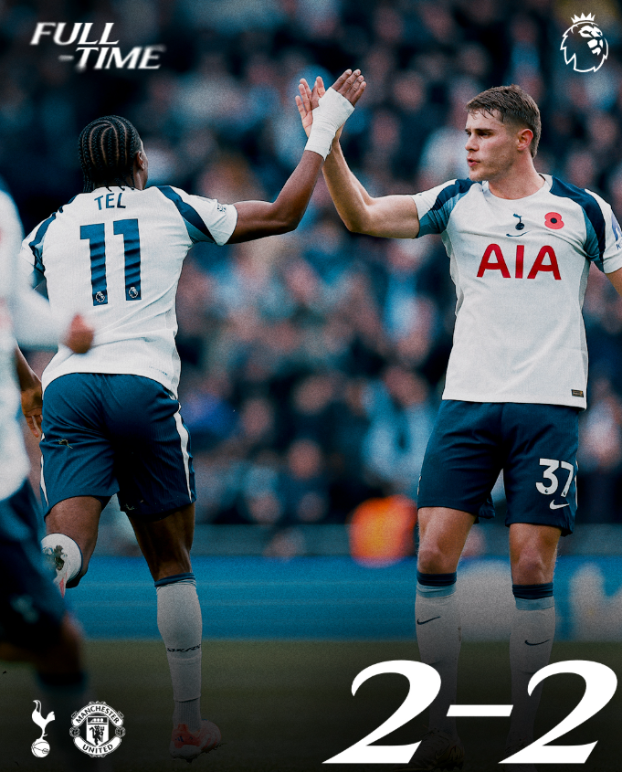 토트넘은 8일(한국시간) 영국 토트넘 홋스퍼 스타디움에서 열린 맨유와 EPL 홈경기에서 2-2로 비겼다. 0-1로 끌려가던 후반 막판 텔(왼쪽)과 히샬리송의 잇따른 골로 승리를 눈앞에 뒀지만 맨유 더 리흐트에게 극장 동점골을 내줬다. 사진은 후반 36분 동점골을 넣은 뒤 판더펜(오른쪽)의 격려를 받는 텔  사진출처│토트넘 홋스퍼 인스타그램