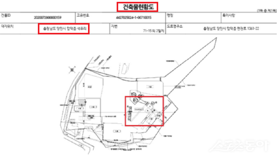 충청남도 당진시 합덕읍 석우리 71-15번지 일대에서 공장을 운영 중인 동화산업이 ‘산업집적활성화 및 공장설립에 관한 법률(이하 산집법)’과 ‘건축법을 위반하고 있다는 의혹이 제기됐다(건축물 현황도).사진제공｜공익 제보자